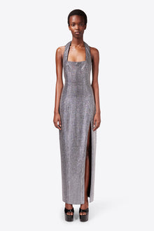 Crystal Embellished Halter Slit Gown | Black