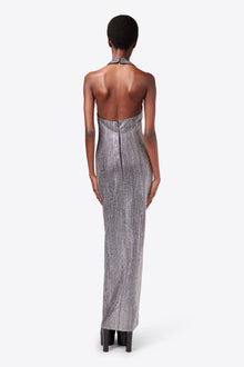 Crystal Embellished Halter Slit Gown | Black