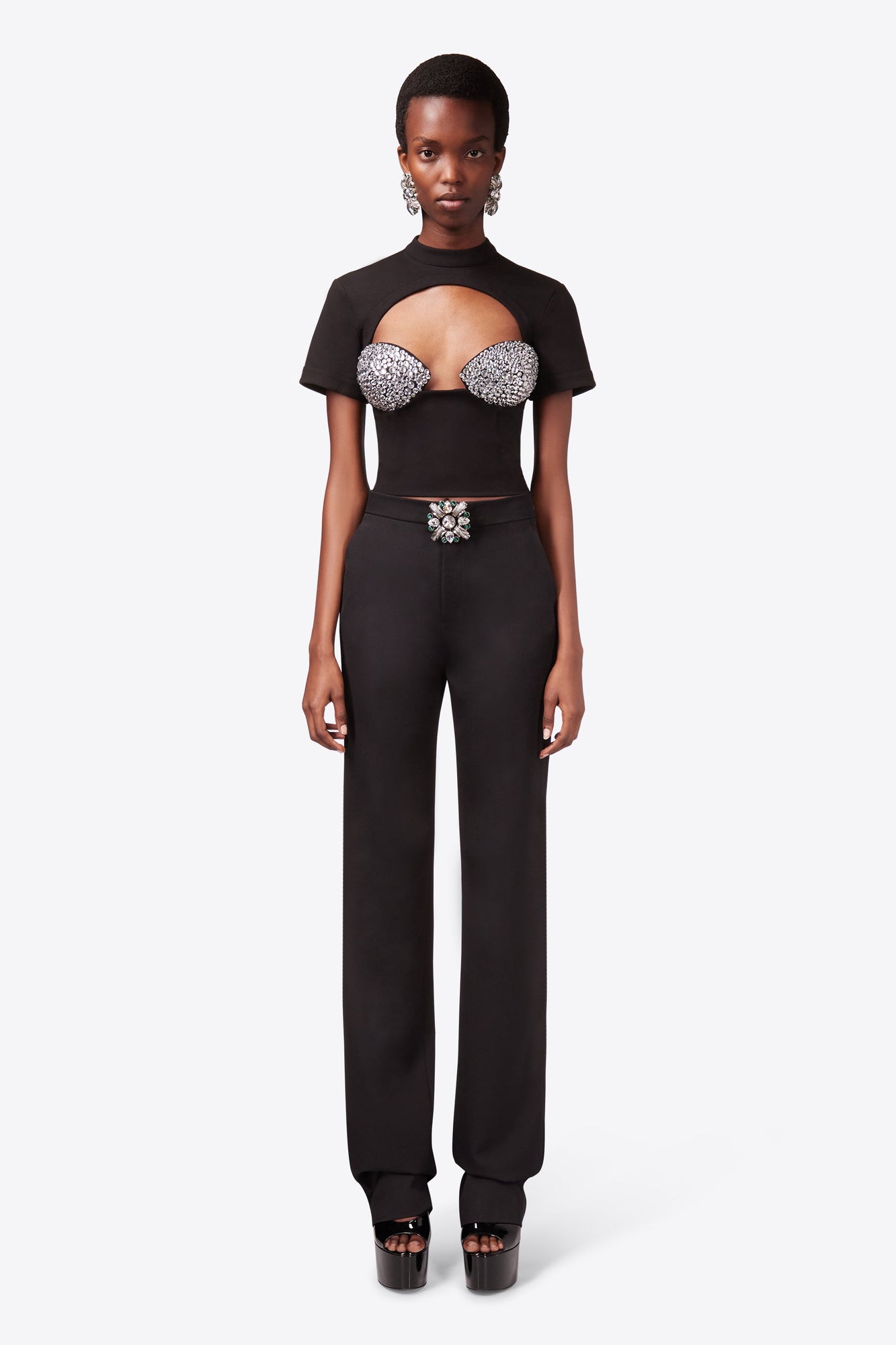 Crystal Embellished Raglan Bustier Cup T-Shirt | Black