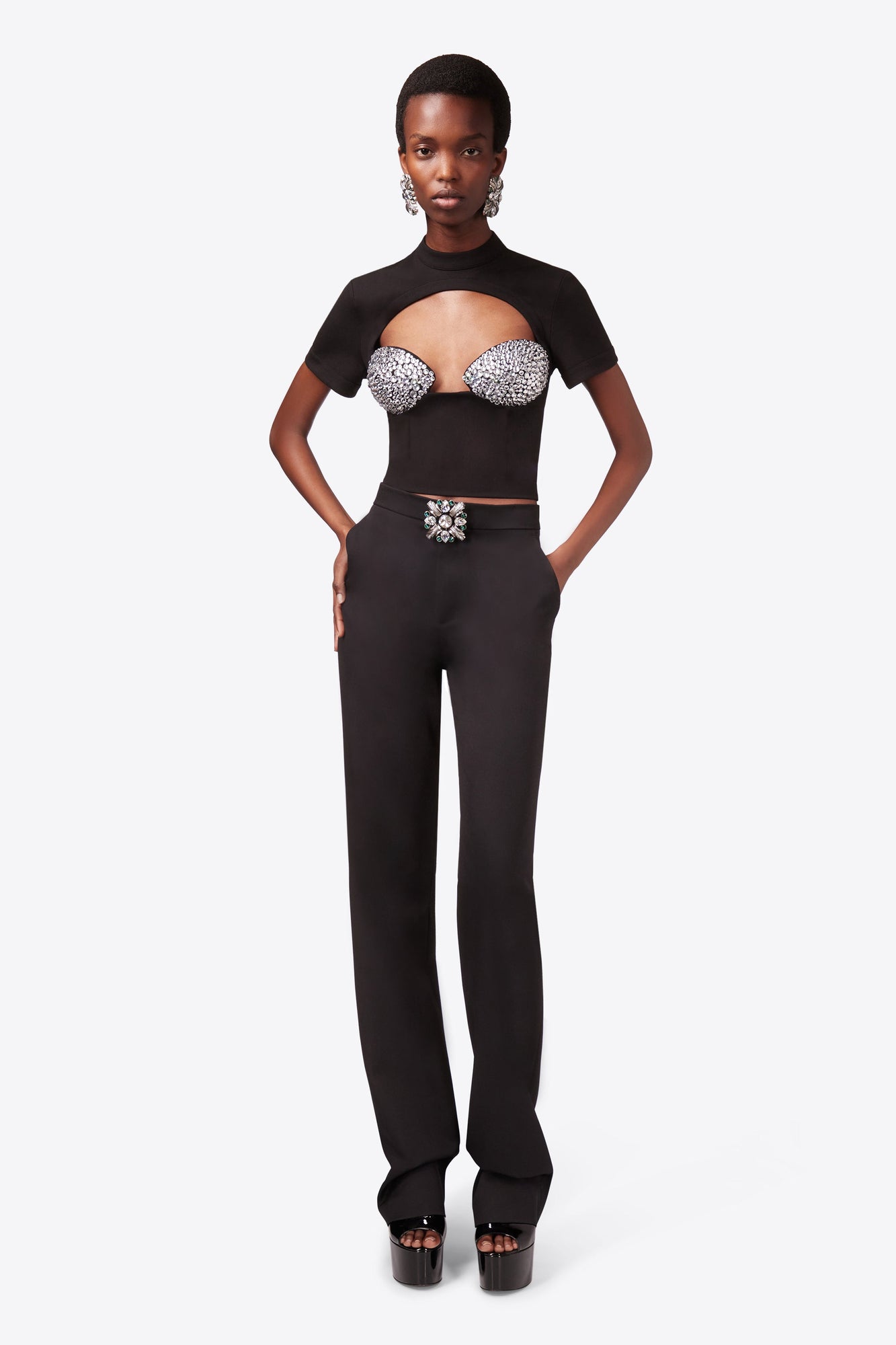 Crystal Embellished Raglan Bustier Cup T-Shirt | Black