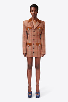 Crystal Button Checked Open Back Blazer Dress | Caramel Multi