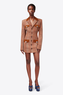 Crystal Button Checked Open Back Blazer Dress | Caramel Multi