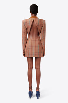 Crystal Button Checked Open Back Blazer Dress | Caramel Multi