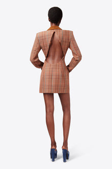Crystal Button Checked Open Back Blazer Dress | Caramel Multi