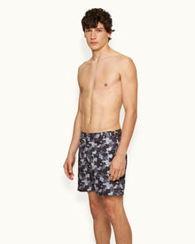 Bulldog Blossom Print Mid-Length Swim Shorts In Piranha Grey | Piranha Grey