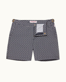 Bulldog 007 Midnight Navy/White Sand Geometric Jacquard Mid-Length Swim Shorts | Midnight Navy/White Sand