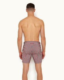 Summer Red/Marina Aqua O.B Stripe Mid-Length Swim Shorts | Summer Red/Marina Aqua