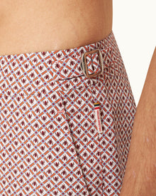 Bulldog Geo Print Mid-Length Swim Shorts Woven In France in Summer Red/White Sand colour | Summer Red/White Sand