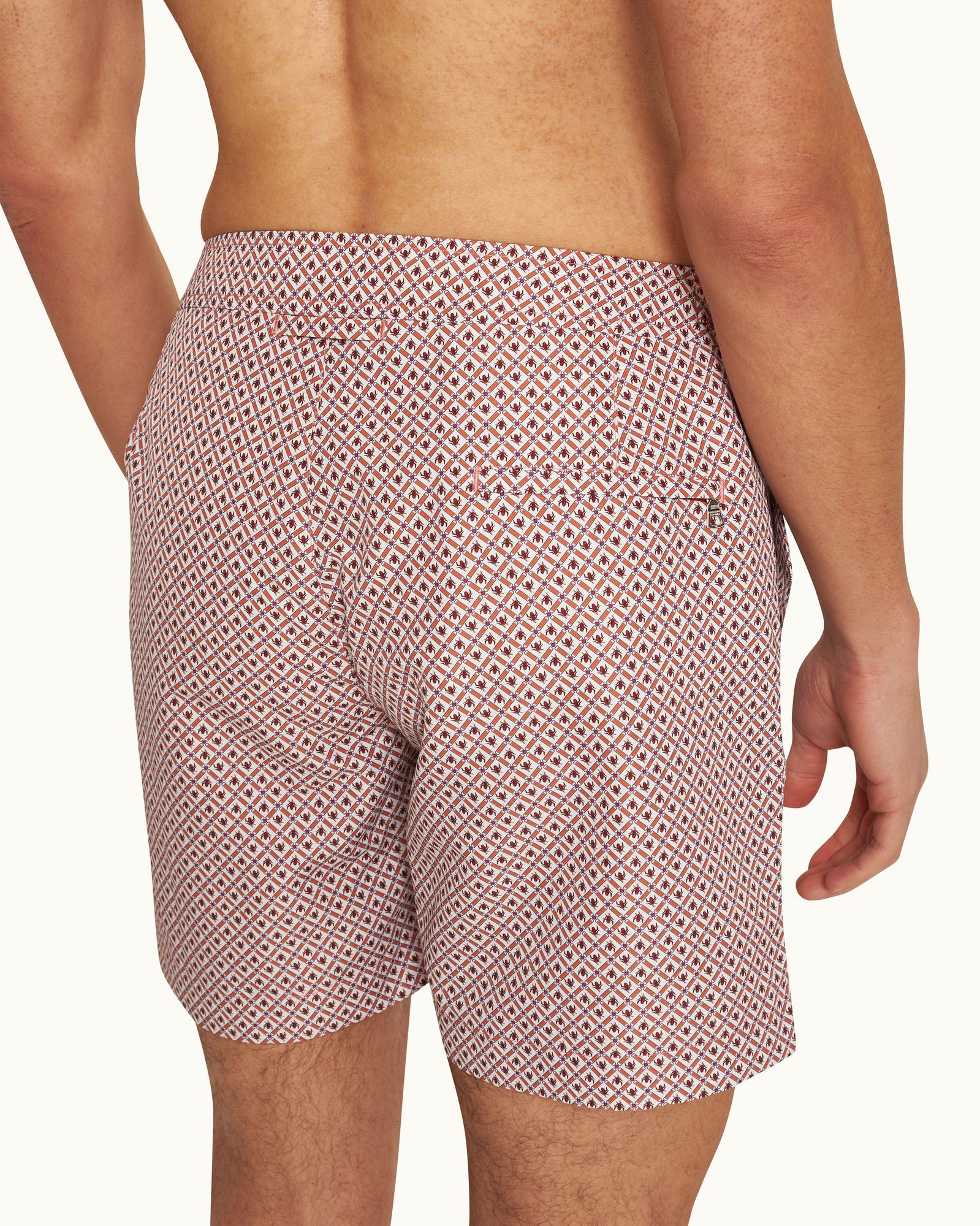 Bulldog Geo Print Mid-Length Swim Shorts Woven In France in Summer Red/White Sand colour | Summer Red/White Sand