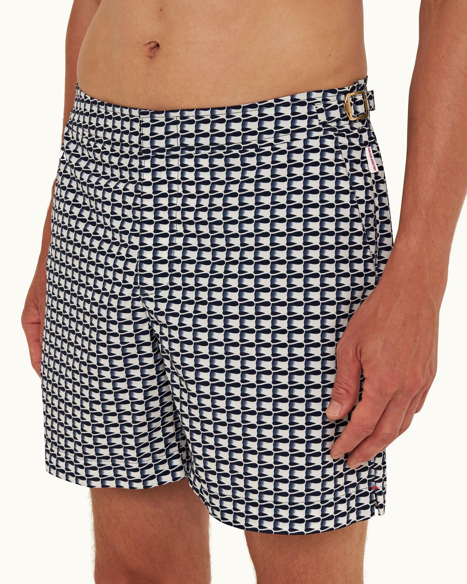 Bulldog White Sand/Night Iris Ribbon Print Mid-Length Swim Shorts | White Sand/Night Iris