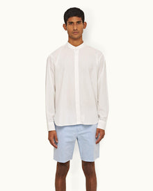 White Pinstripe Grandad Collar Cotton Shirt | White