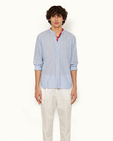 Ice Blue/White Grandad Collar Classic Stripe Shirt | Ice Blue/White