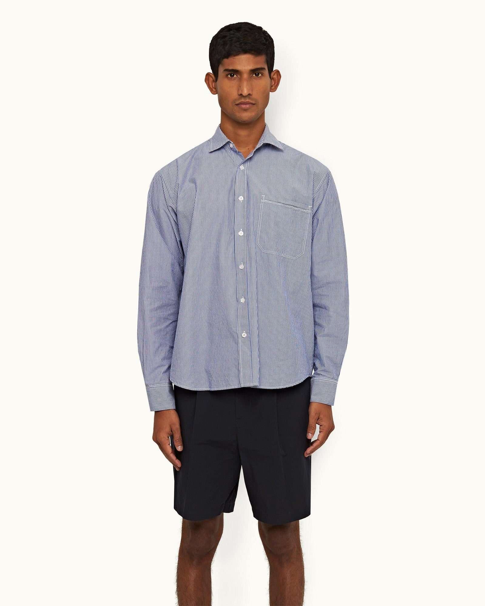 Midnight Navy/White Stripe Relaxed Fit Classic Collar Cotton Shirt | Midnight Navy/White