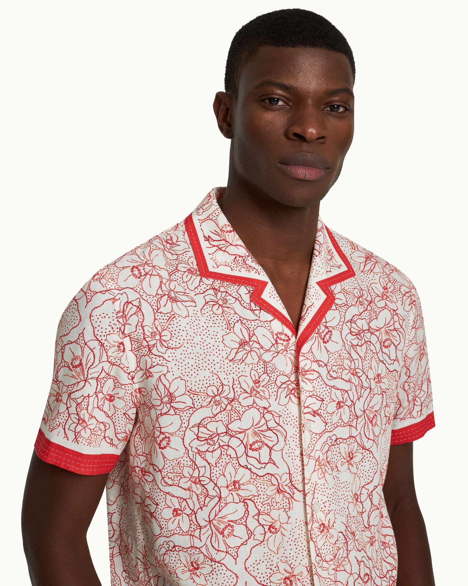 Hibbert Floral Nouveau Print Classic Fit Capri Collar Shirt in Summer Red/White Sand | Summer Red/White Sand