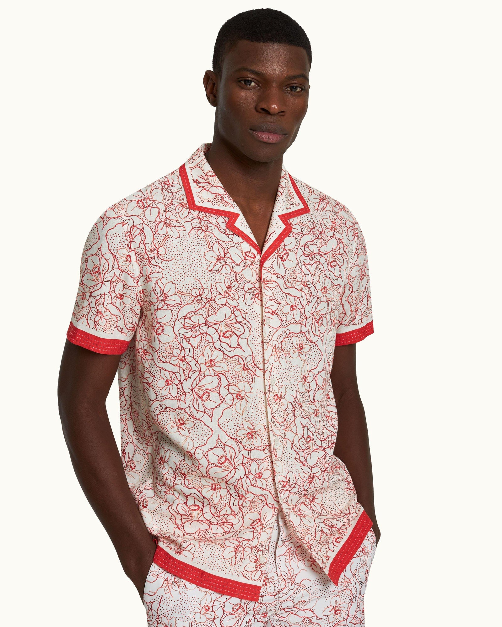 Hibbert Floral Nouveau Print Classic Fit Capri Collar Shirt in Summer Red/White Sand | Summer Red/White Sand