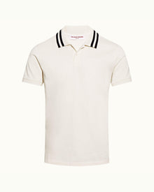 Jarrett White Sand Classic Fit Stripe Tipped Collar Cotton Polo Shirt | White Sand