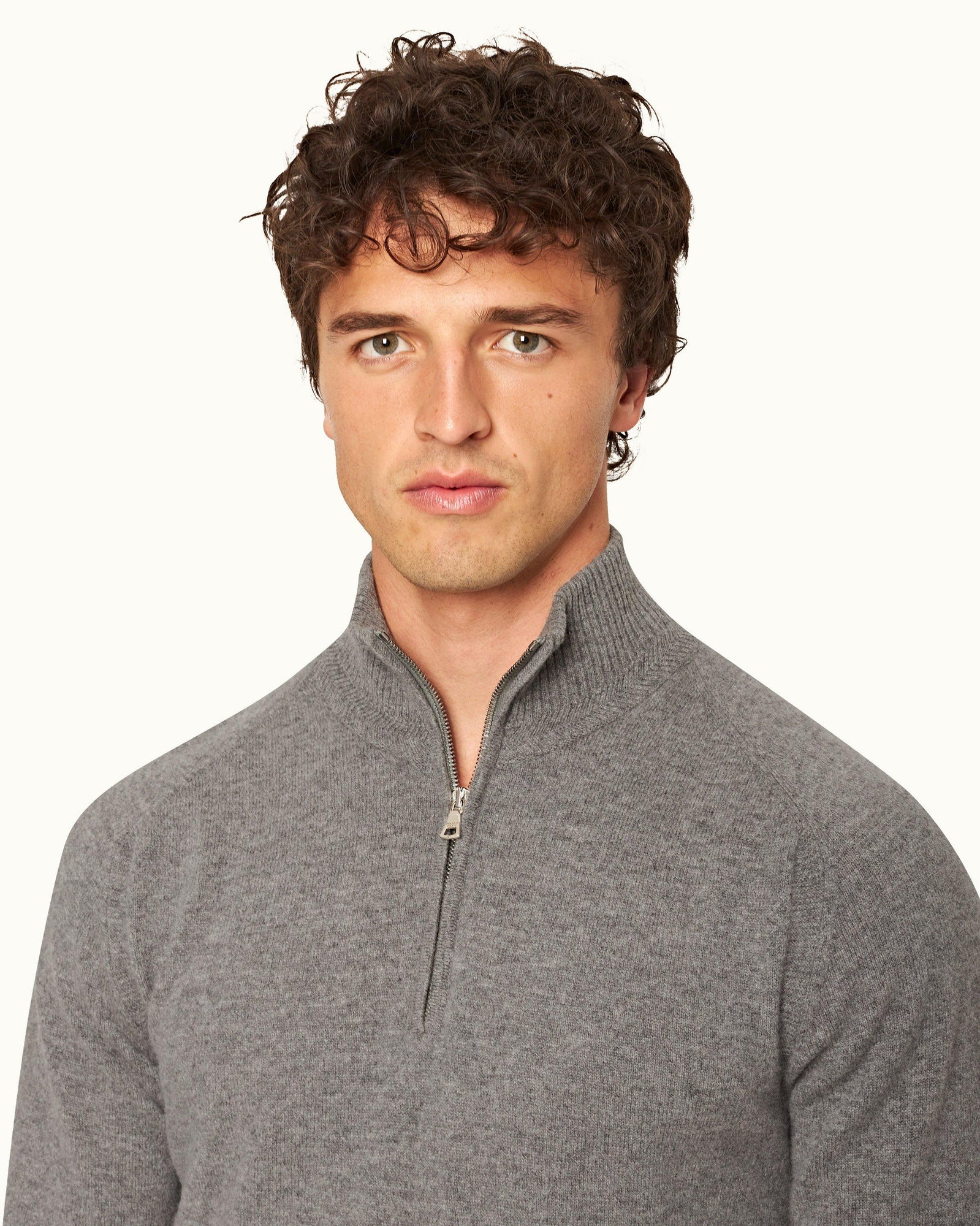 Light Grey Melange Classic Fit Half-Zip Cashmere Jumper | Light Grey Melange