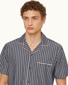 Midnight Navy Pinstripe Relaxed Fit Cotton Lounge Shirt | Midnight Navy