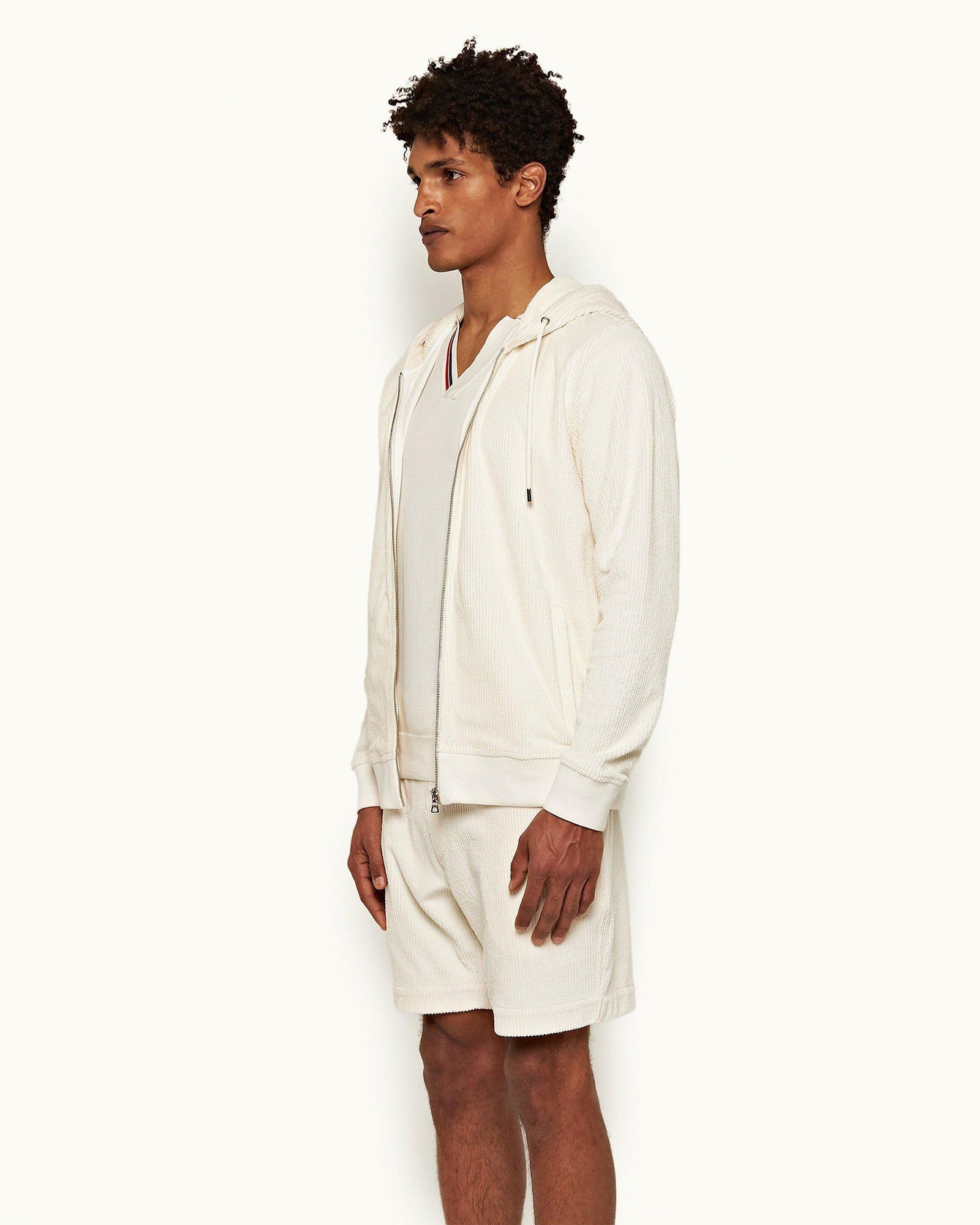 White Sand Zip-Thru Drop Needle Towelling Hooded Sweatshirt | White Sand