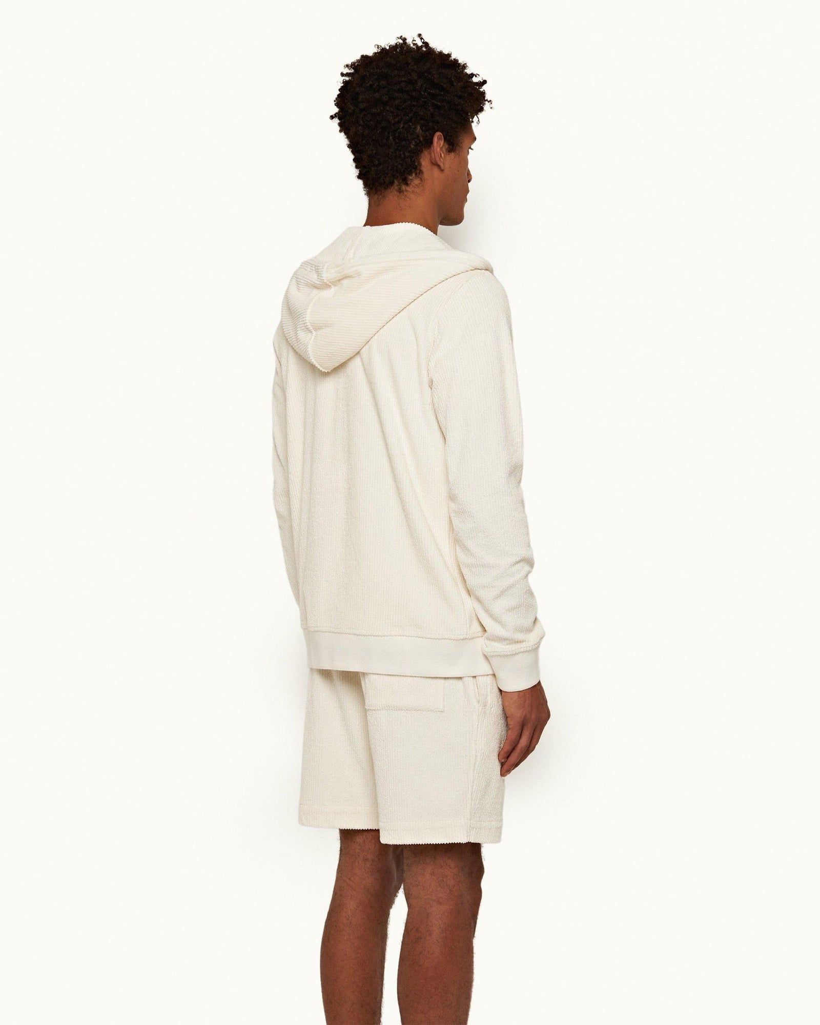 White Sand Zip-Thru Drop Needle Towelling Hooded Sweatshirt | White Sand