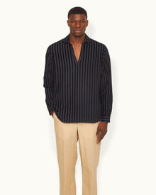 Ridley Tonal Chenille Stripe Relaxed Fit Overhead Shirt In Night Iris Blue | Night Iris