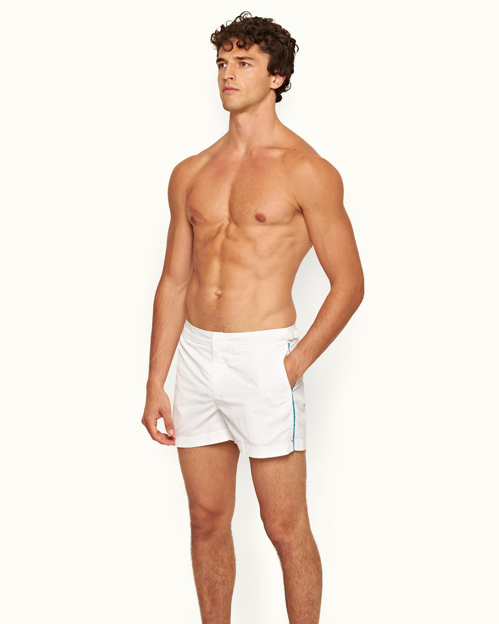 White Shorter-Length Tape Trim Swim Shorts | White