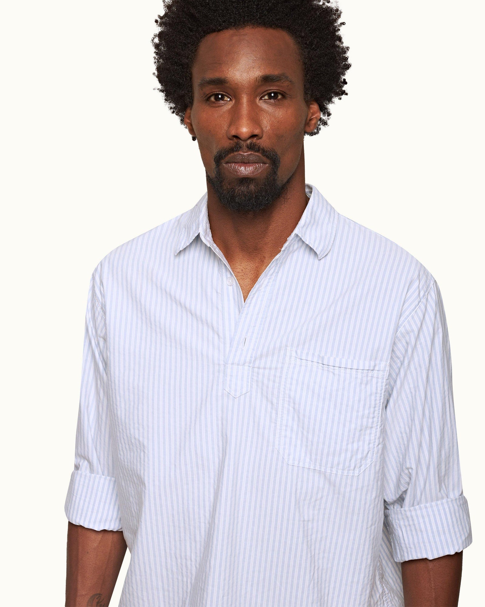 Light Island Sky/White Relaxed Fit Overhead Twin Stripe Cotton Shirt | Light Island Sky/White