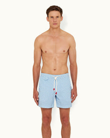 Mirage Blue Geo Navan Print Mid-Length Drawcord Swim Shorts | Mirage Blue