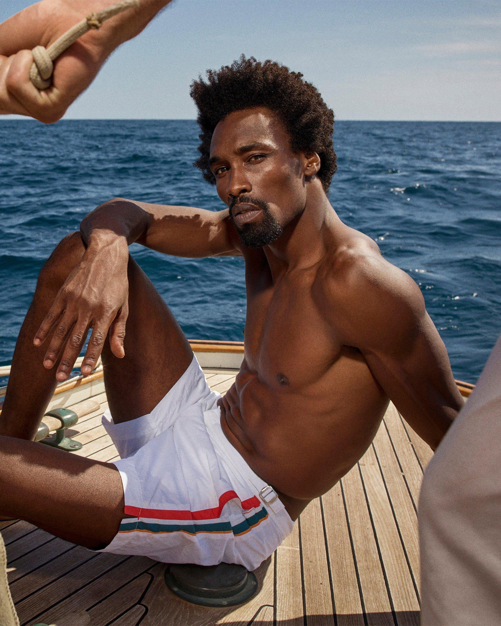 White O.B Stripe Panel Mid-Length Swim Shorts | White