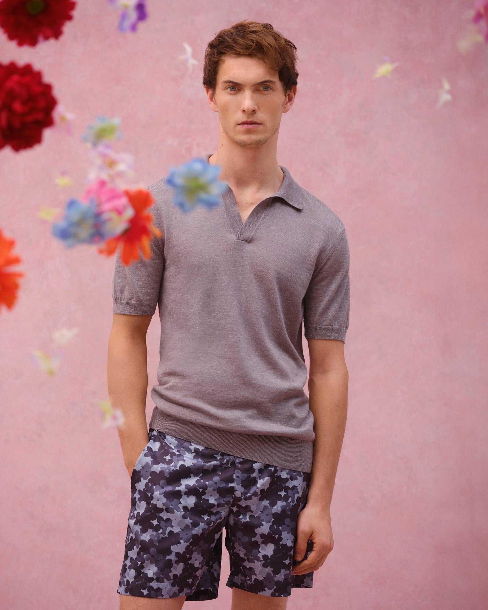 Bulldog Blossom Print Mid-Length Swim Shorts In Piranha Grey | Piranha Grey