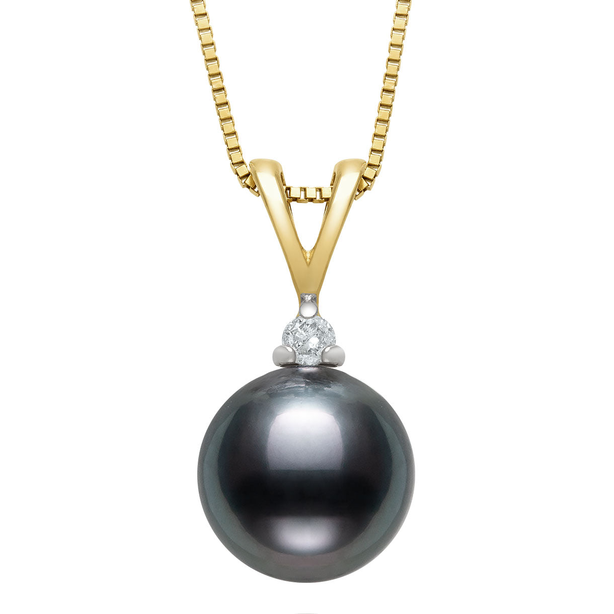 Round Pendant Necklace - Diamond Accent | 14K Yellow Gold | Black Tahitian Pearl | 8mm - 9mm | 18"