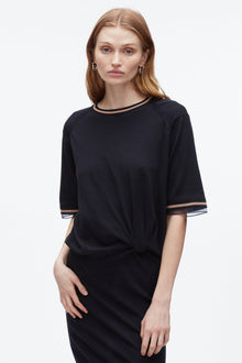 French Tuck Knit Dress with Organza | Navy
