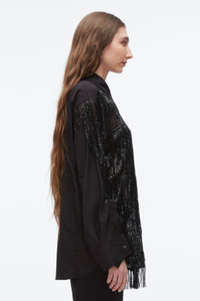 Sequin Fringe Shirt with Cascade Drape | Black