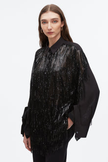 Sequin Fringe Shirt with Cascade Drape | Black