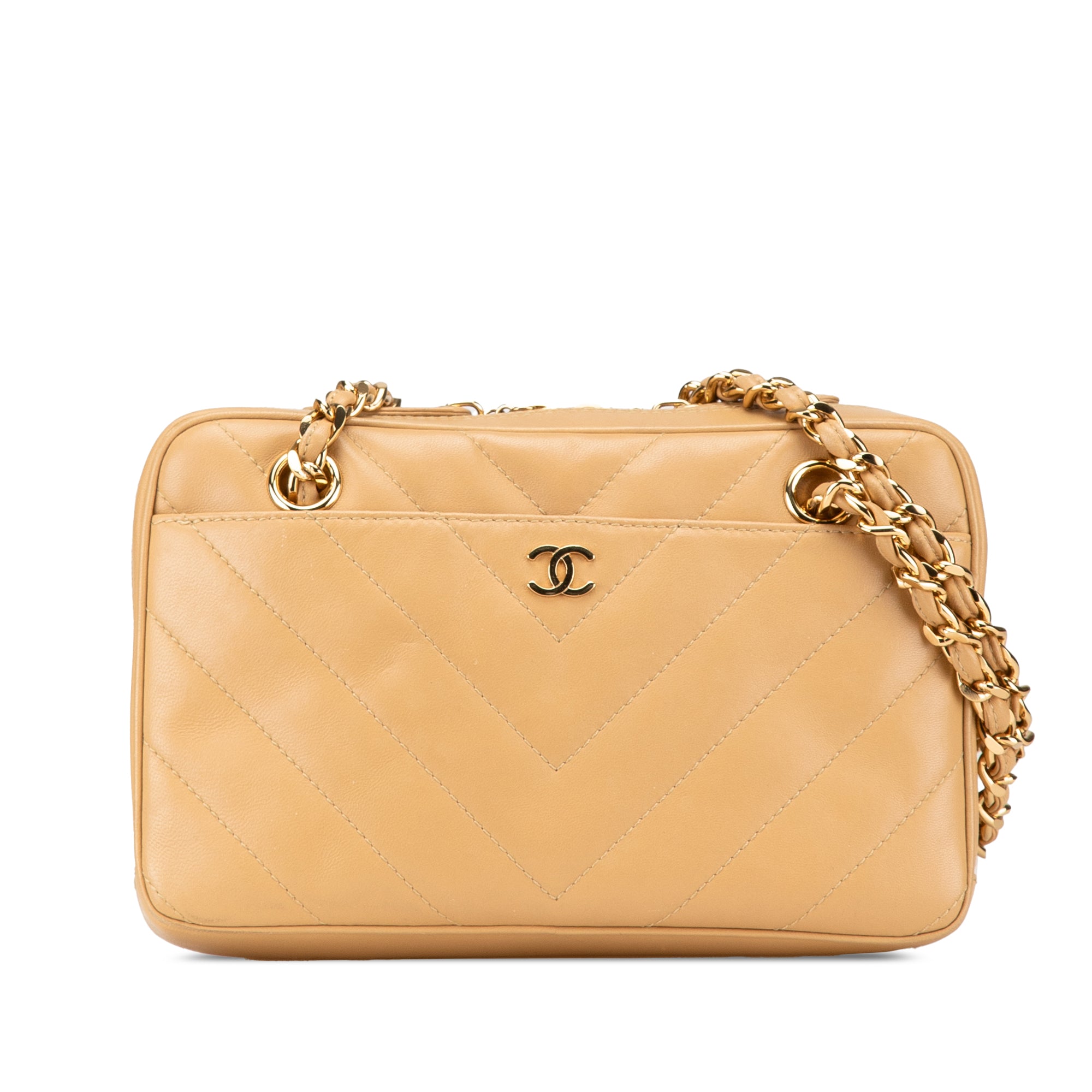 Chanel | Pre-Owned CC Chevron Quilted Lambskin Chain Shoulder Bag | Brown/Beige