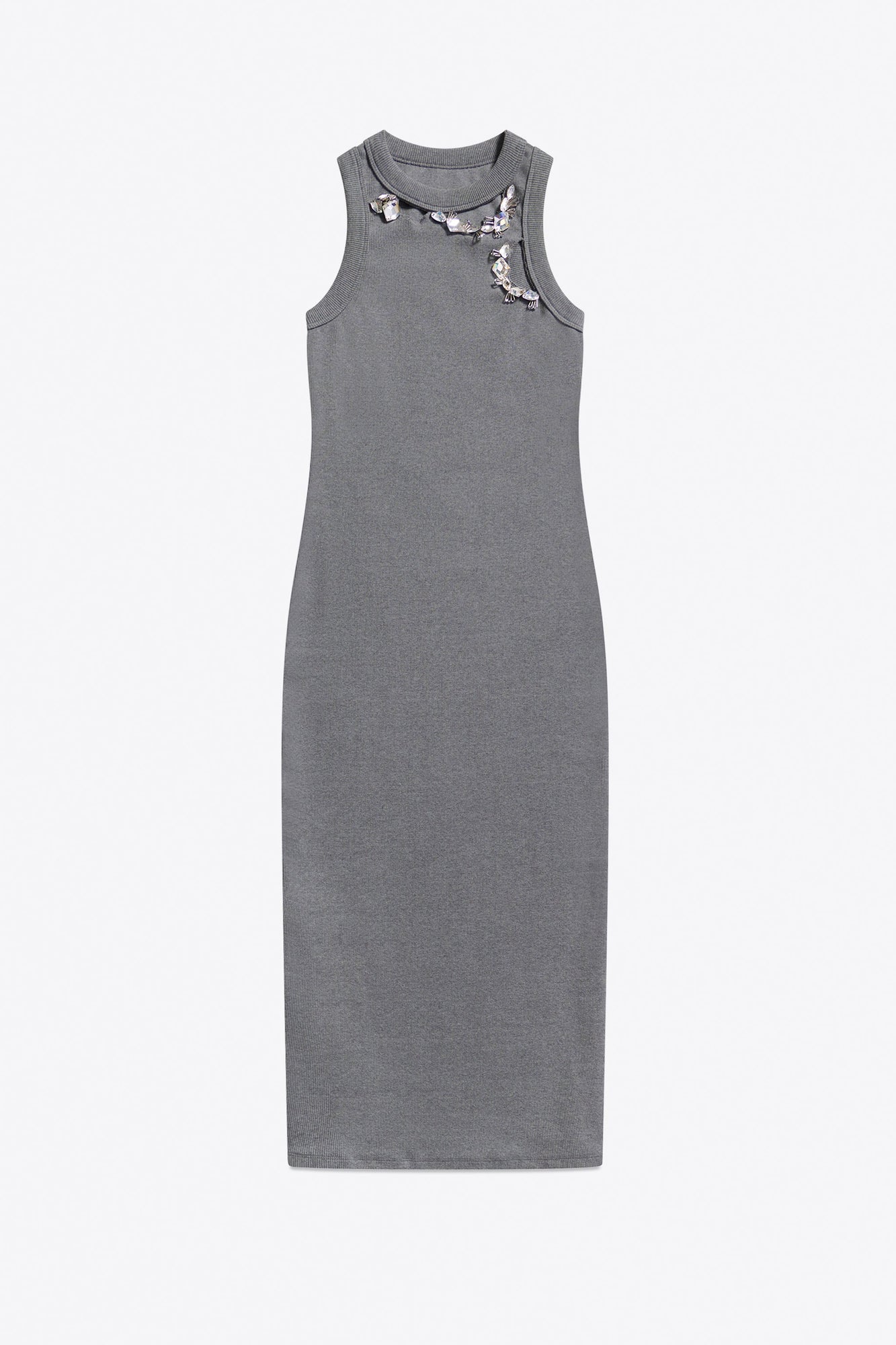 Distressed Crystal Ribbed Knit Midi Tank Dress | Grey Melange