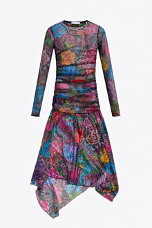 Crystal Embellished Printed Tulle Midi Dress | Pink Multi