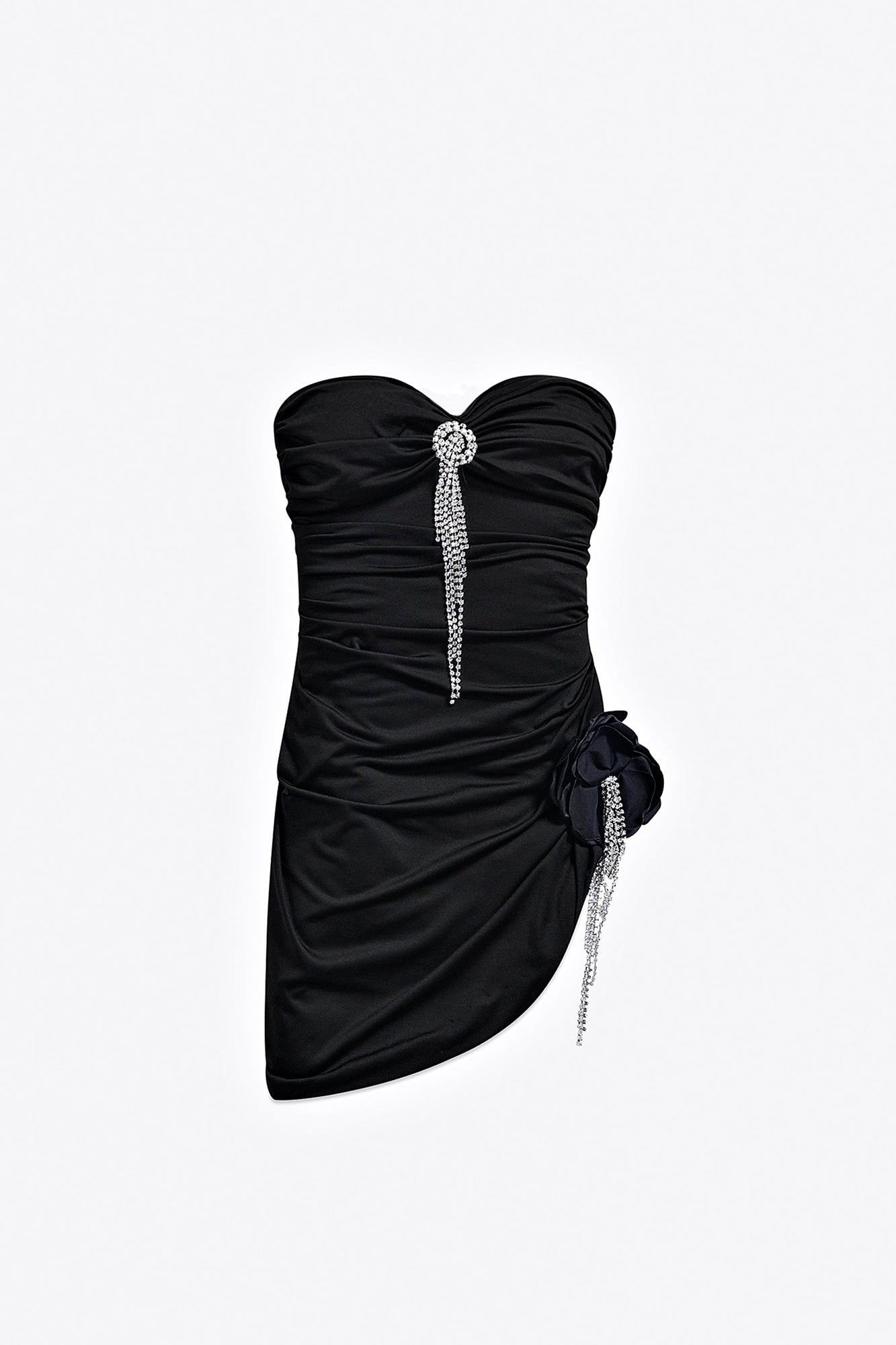 Crystal Flower Draped Strapless Mini Dress | Black