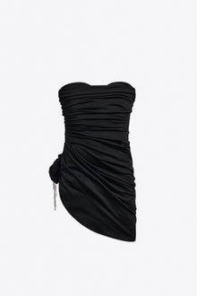 Crystal Flower Draped Strapless Mini Dress | Black