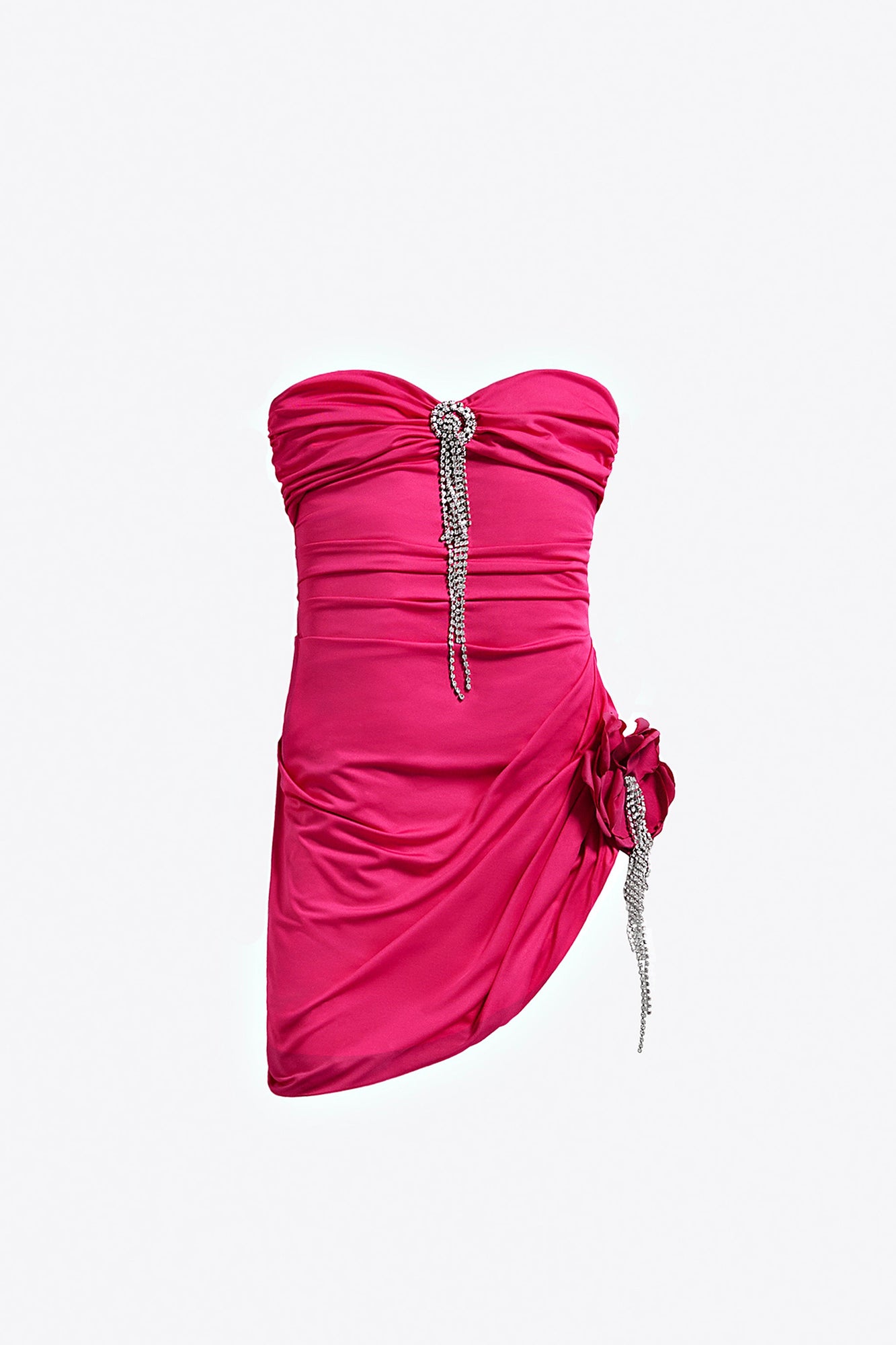 Crystal Flower Draped Strapless Mini Dress | Fuchsia