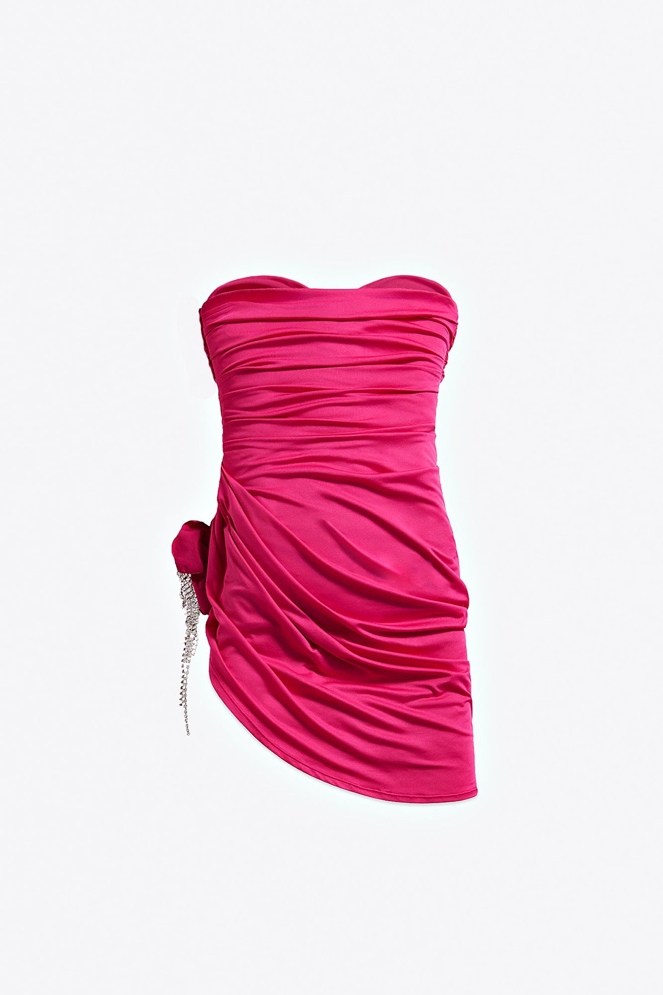 Crystal Flower Draped Strapless Mini Dress | Fuchsia