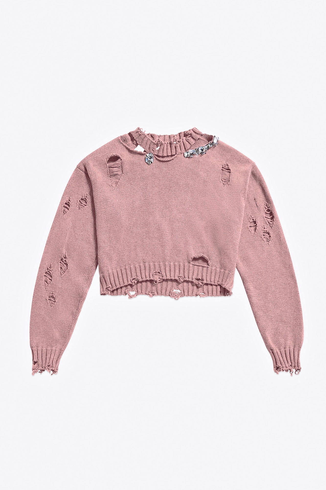 Distressed Crystal Crewneck Sweater | Antique Pink