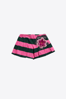 Embroidered Flower Rugby Stripe Pleated Short | Pink/Green