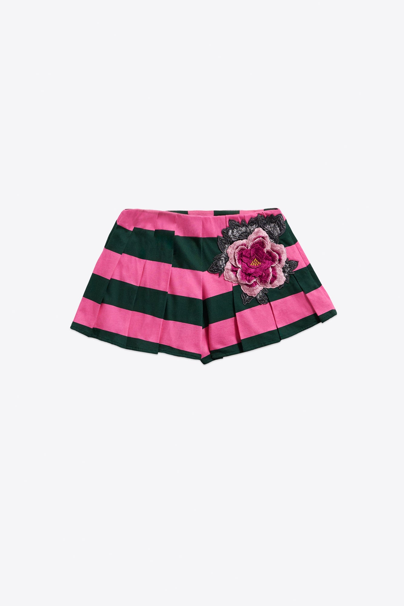Embroidered Flower Rugby Stripe Pleated Short | Pink/Green