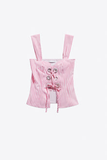 Crystal Grommet Poplin Corset Top | White/Pink