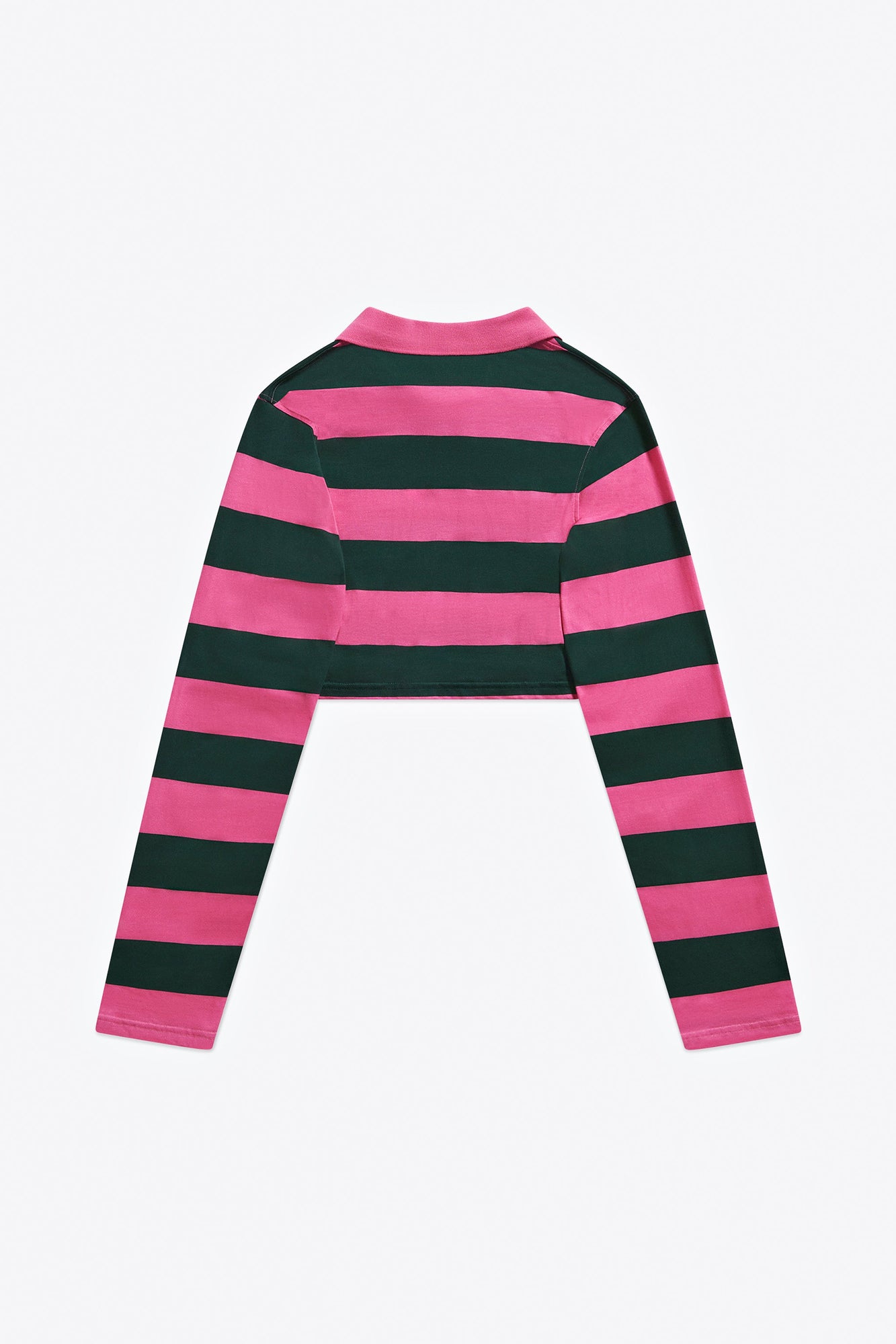 Embroidered Flower Rugby Stripe Long Sleeve Cropped Polo | Pink/Green