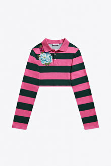 Embroidered Flower Rugby Stripe Long Sleeve Cropped Polo | Pink/Green
