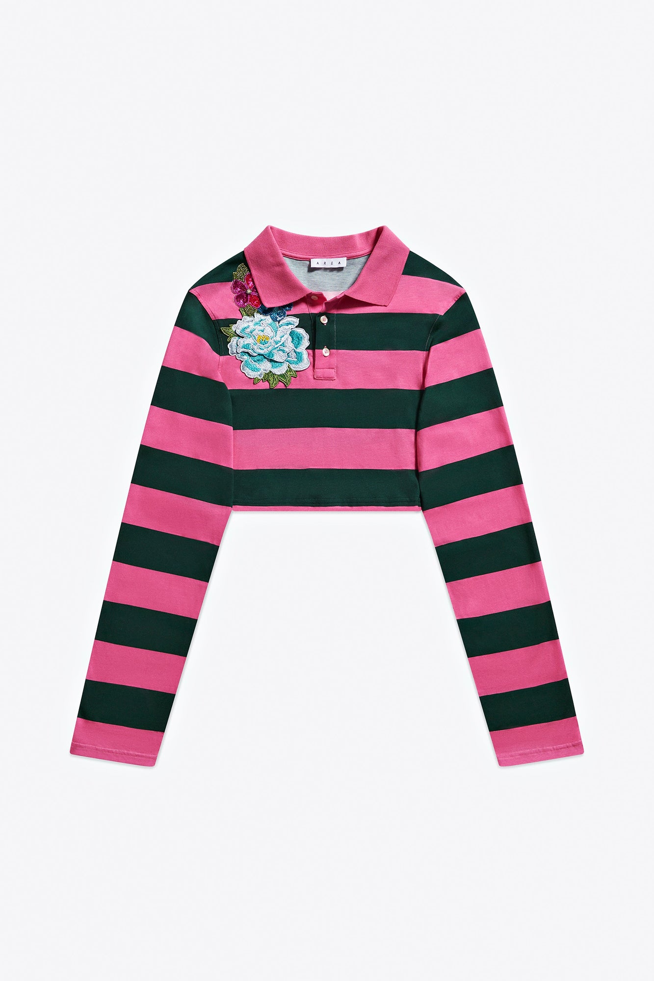 Embroidered Flower Rugby Stripe Long Sleeve Cropped Polo | Pink/Green