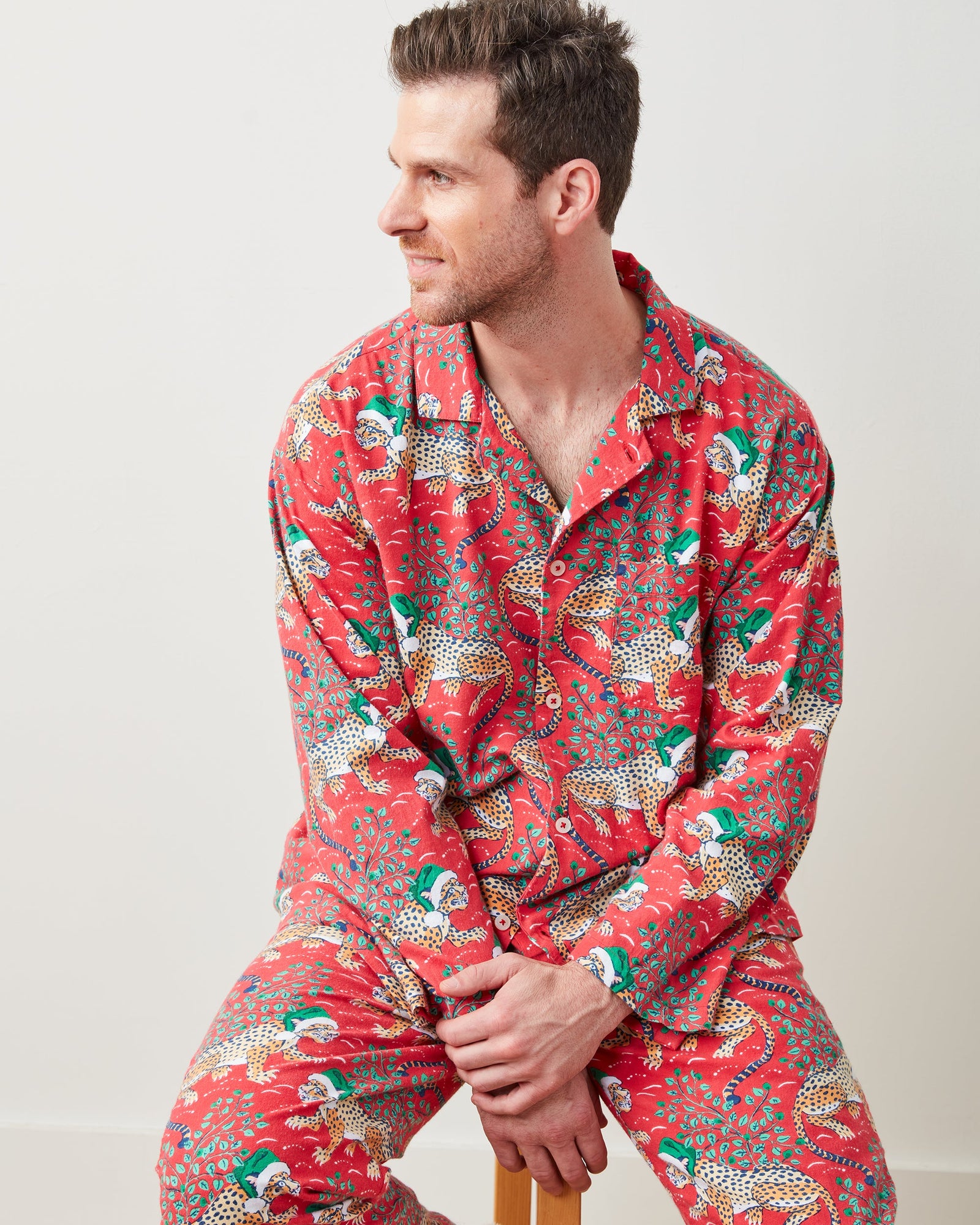 Holly Jolly Bagheera - Men's Lightweight Flannel Long PJ Set - Ruby - Printfresh