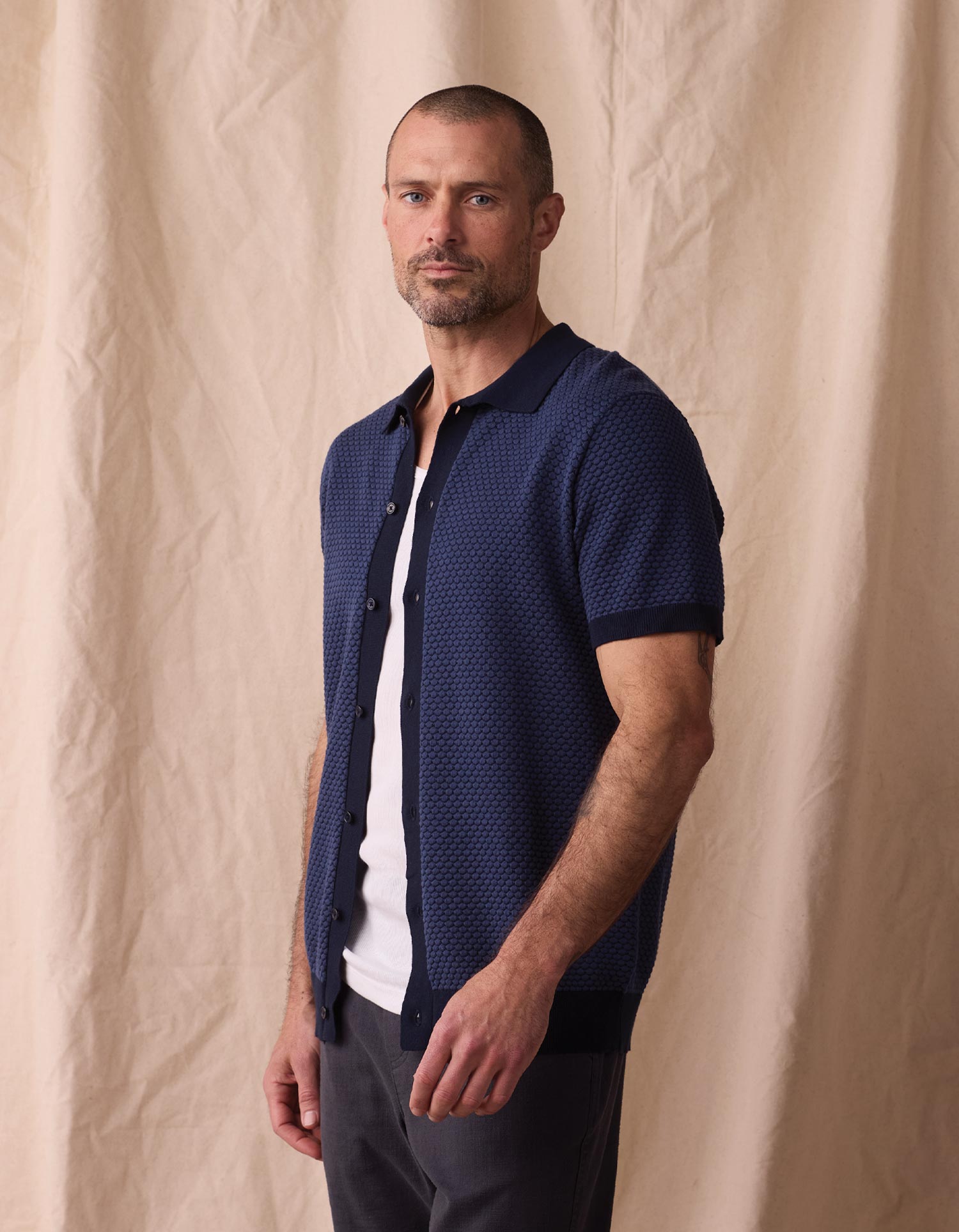 Men | Robles Knit Jacquard Button Up | Denim/Navy